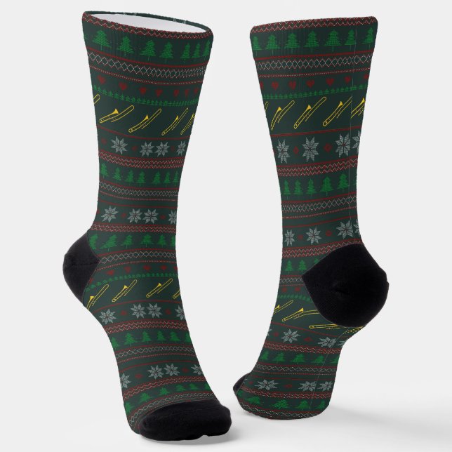 Trombone Ugly Christmas Sweater Pattern Holiday Socks (Angled)