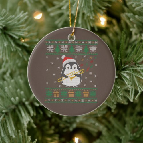 Trombone Ugly Christmas Sweater Penguin Xmas Famil Ceramic Ornament