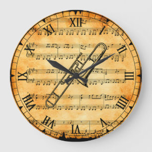 Trombone ~ Vintage Sheet Music Background ~ Unique Large Clock