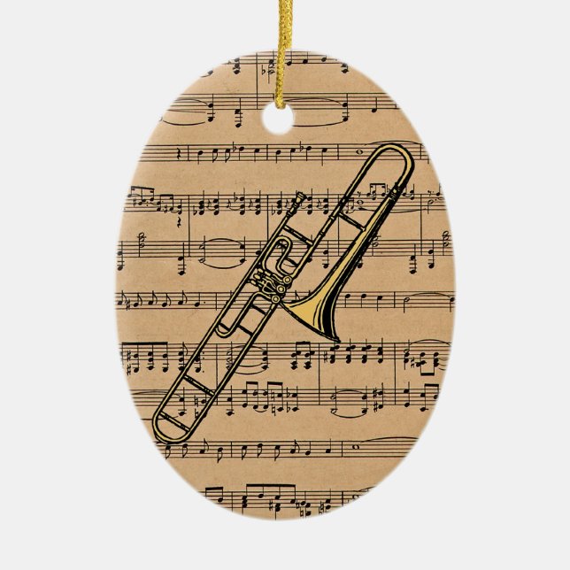 Trombone With Sheet Music Background Ceramic Ornament (Front)