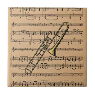Trombone With Sheet Music Background Ceramic Tile