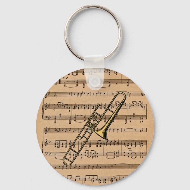 Trombone With Sheet Music Background Keychain (Front)