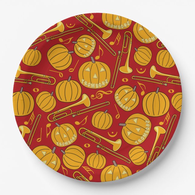 Trombones Halloween Pumpkin Pattern Paper Plates (Front)