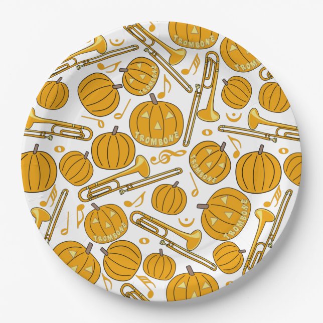 Trombones Halloween Pumpkin Pattern Paper Plates (Front)