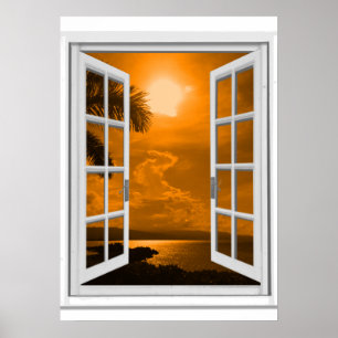 Trompe l'oeil Fake Window Sunset Sea View Poster