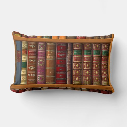 Trompe loeil of a library of classical books lumbar pillow