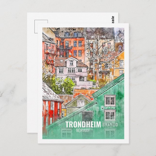 Trondheim Norway Famous Travel Watercolor Sketch Postcard (Front/Back)