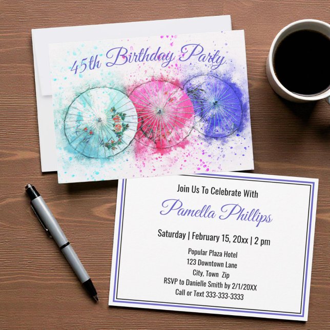 Tropcial Cocktail Umbrellas 45th Birthday Invite (Tropical drink umbrellas template invitation)