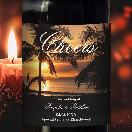 Tropcial Sunset Palm Beach Wedding Wine Label