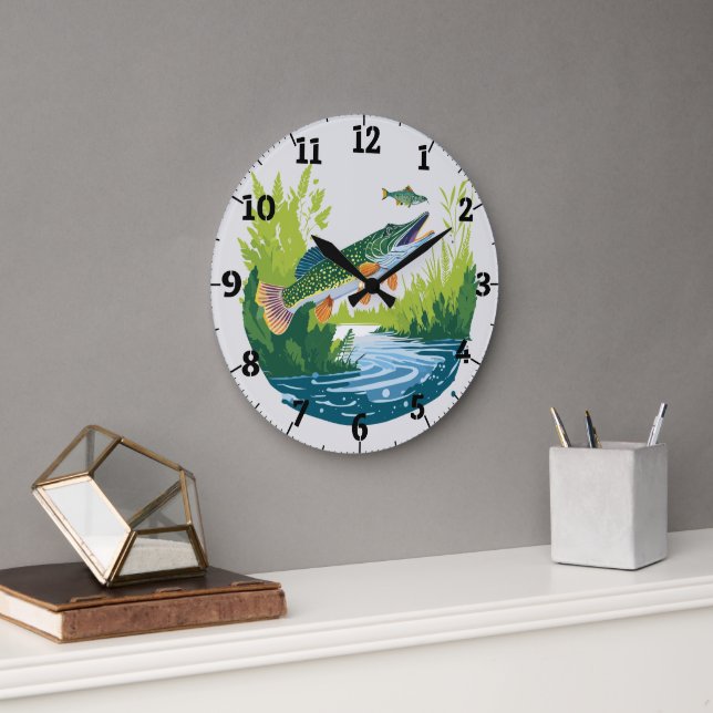 Trophy Pike Chasing Down Minnow Wall Clock (Office)