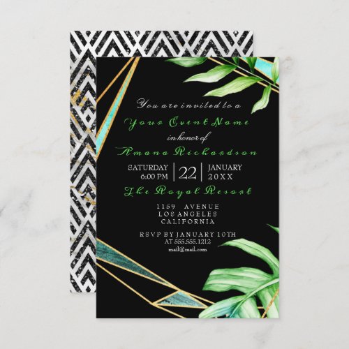 Tropic Aqua Black Art Deco Marble Birthday Bridal Invitation