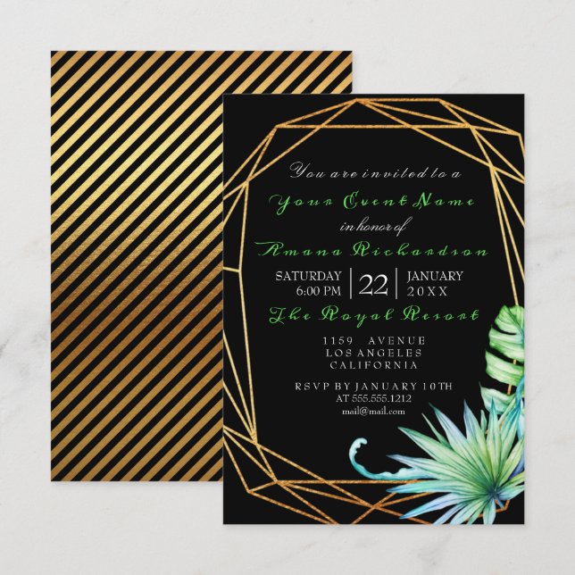 Tropic Aqua Black Birthday Party Stripes Framed Invitation (Front/Back)