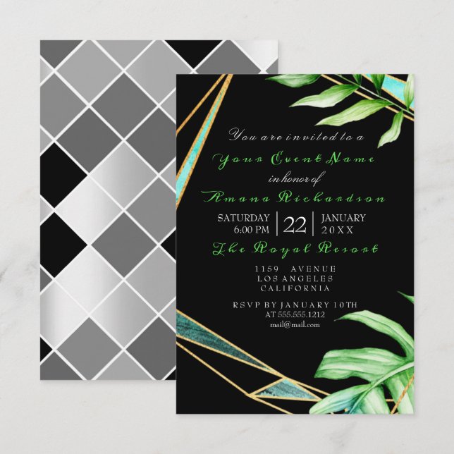Tropic Aqua Black White FrameGreen Birthday Bridal Invitation (Front/Back)