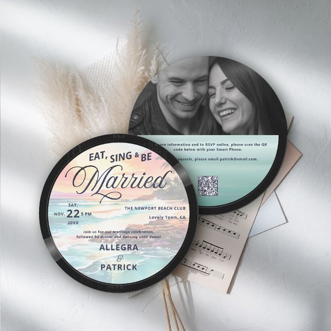 Tropic Beach Music Vinyl All One Photo QR Wedding Invitation (music theme wedding invitation rock vinyl record tropical beach photo qr code all one)