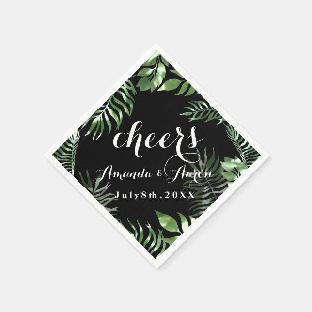Tropic Green  Leafs Black White Floral Cheers Napkins (Corner)