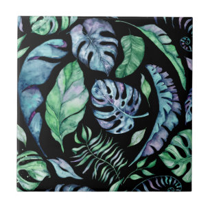 Tropic jungle leaf pattern purple green tropical ceramic tile