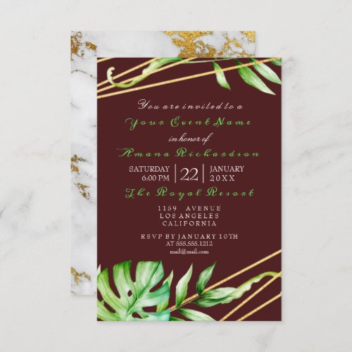 Tropic Jungle Oriental Marble Gray Green Burgundy Invitation