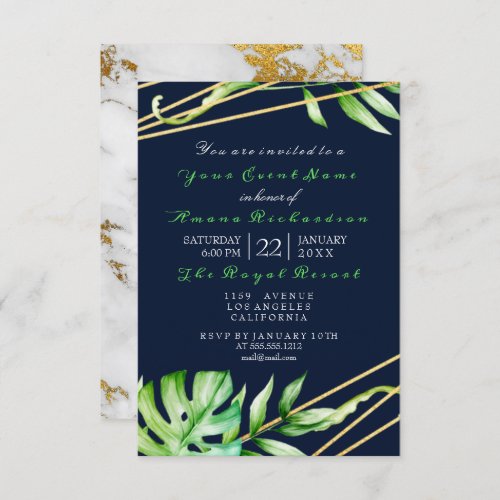 Tropic Jungle Oriental Marble Gray Green Monstera Invitation