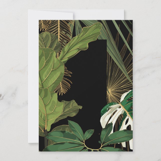 Tropic leaf banner, green jungle plants and golden holiday card (Front)