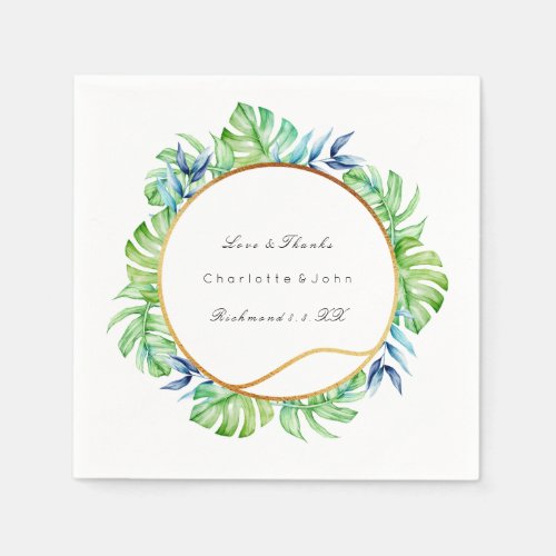 Tropic Monstera Gold Frame Watercolor Mint Blue Napkins