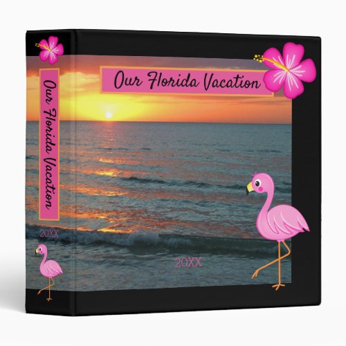 Tropic Ocean Sunset Pink Flamingo Florida Vacation 3 Ring Binder