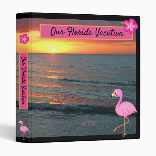 Tropic Ocean Sunset Pink Flamingo Florida Vacation 3 Ring Binder