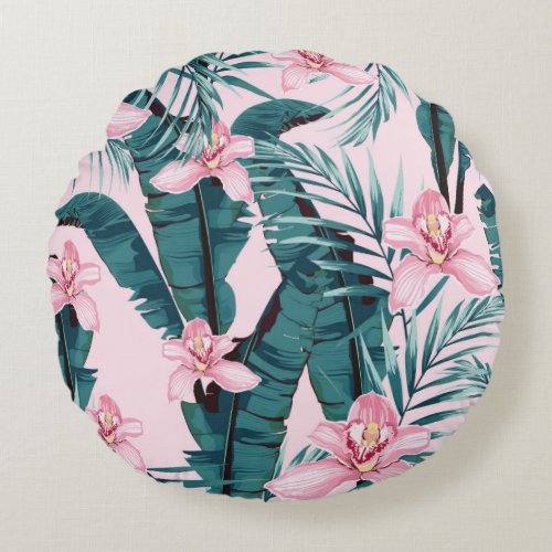 Tropic summer painting seamless pattern with palm  round pillow