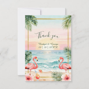 Tropic Sunset floral Beach with Flamingos wedding Thank You Card