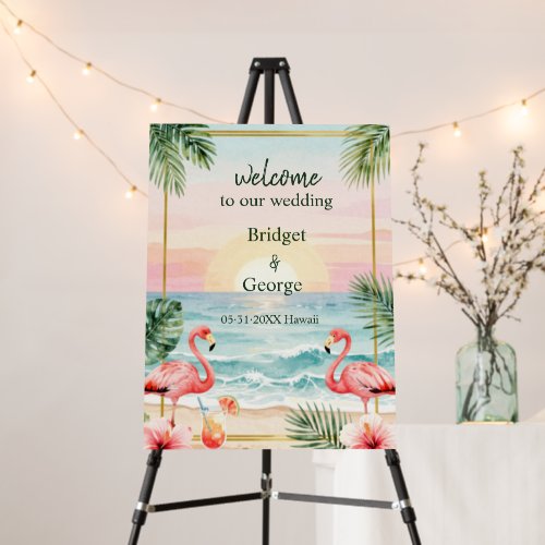 Tropic Sunset floral Beach with Flamingos welcome Foam Board