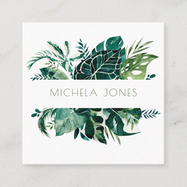 Tropic Tropical Green Leaves Designer Square Business Card (Front)