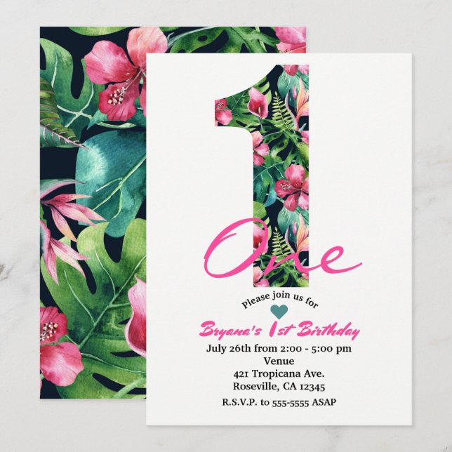Tropical 1 One First 1st Birthday Party Invitation (Front/Back)