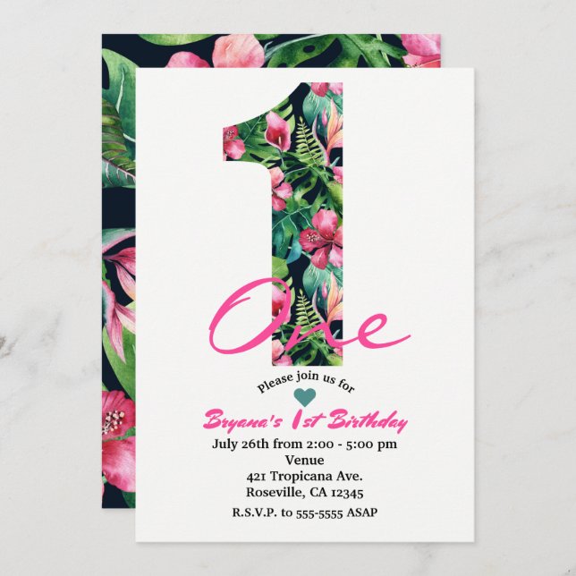 Tropical 1 One First 1st Birthday Party Invitation (Front/Back)