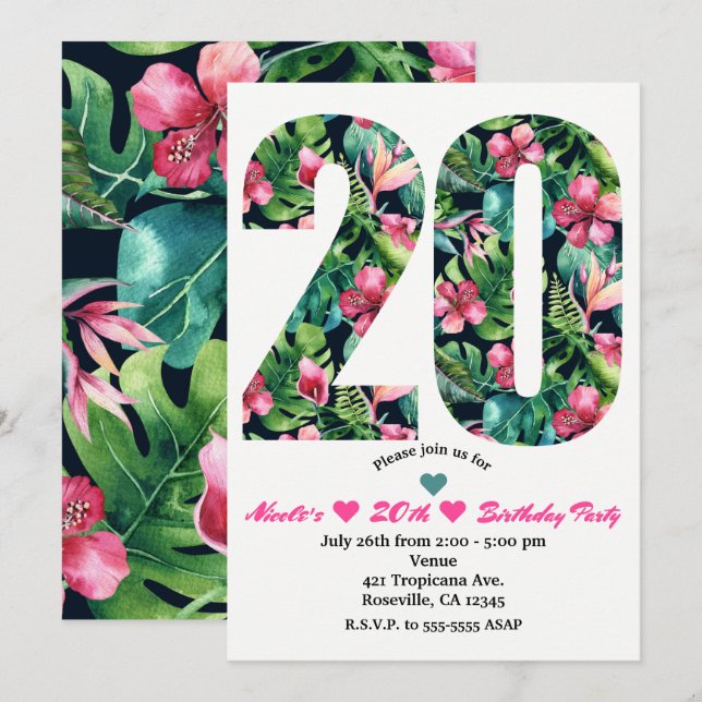 Tropical 20 20th Floral Birthday Party Invitation (Front/Back)