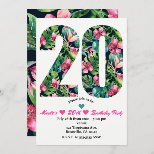 Tropical 20 20th Floral Birthday Party Invitation