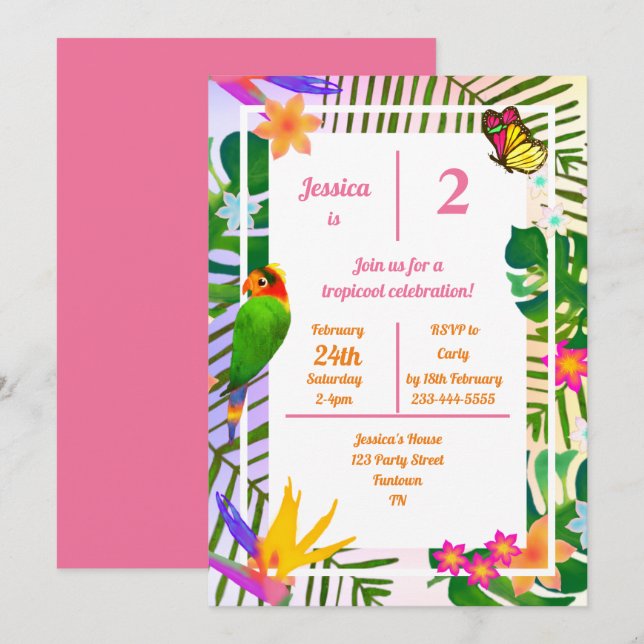 Tropical 2nd Birthday Pink Parrot Jungle Invitation (Front/Back)