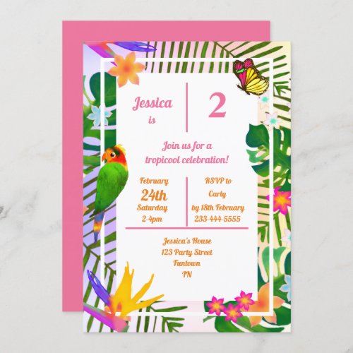 Tropical 2nd Birthday Pink Parrot Jungle Invitation