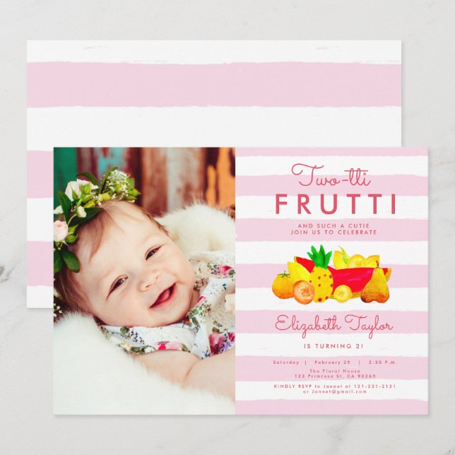 Tropical 2nd Birthday Pink Photo Two-tti Frutti Invitation (Front/Back)
