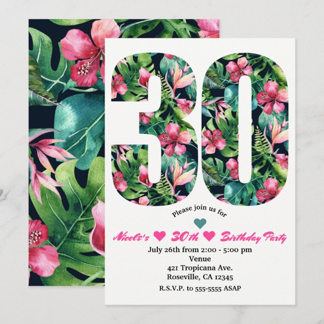 Tropical 30 30th Thirty Birthday Party Invitation (Front/Back)