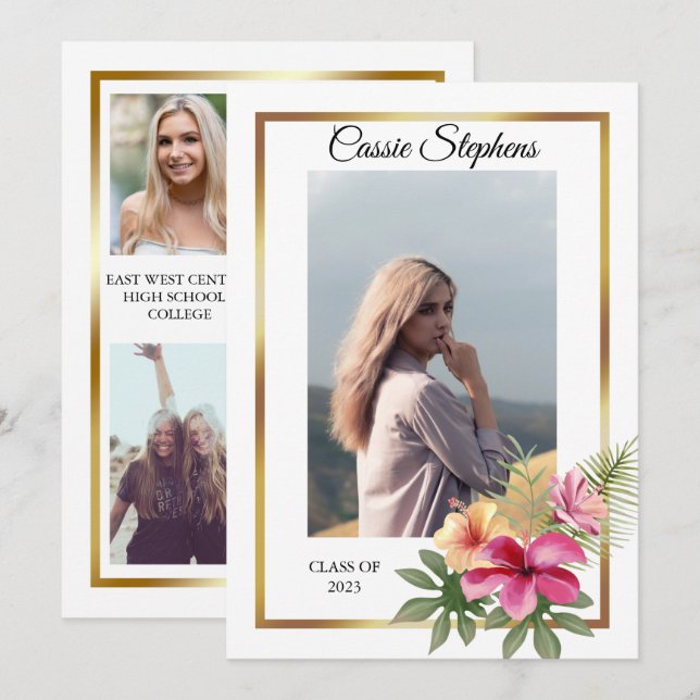 Tropical 4 Photo Collage Gold Frame Graduation  Announcement (Front/Back)