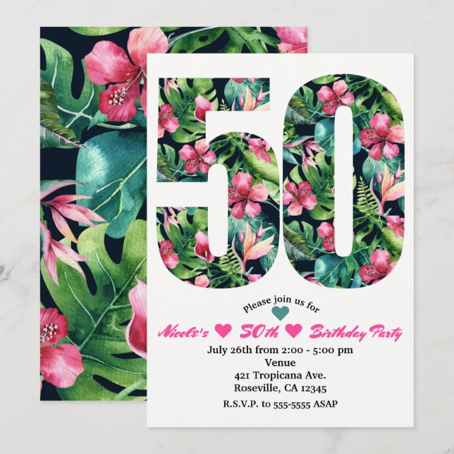 Tropical 50 50th Fifty Birthday Party Invitation (Front/Back)