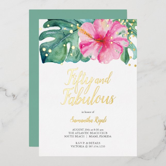 Tropical 50 and Fabulous 50th Birthday Foil Invitation (Front/Back)