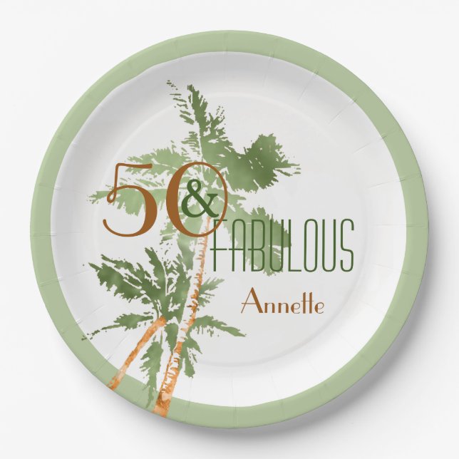 Tropical 50 & Fabulous Palm Trees 50th Birthday Paper Plates (Front)
