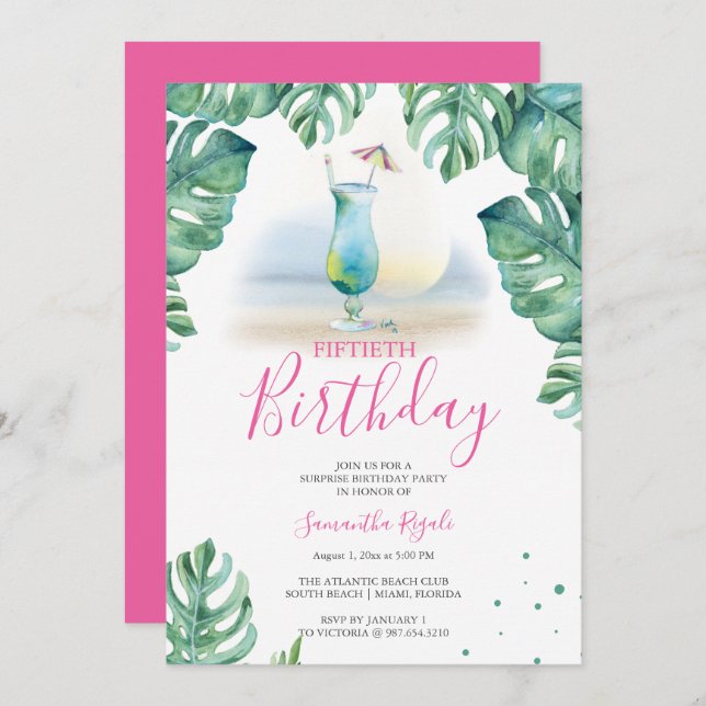 Tropical 50th Birthday Party Invitations (Front/Back)