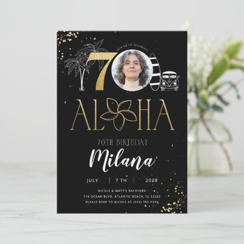 Tropical 70th Birthday Gold Invitation with Photo