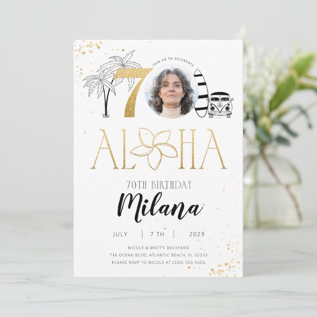 Tropical 70th Birthday Gold Invitation with Photo (Standing Front)