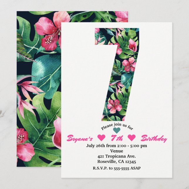 Tropical 7 Seven Seventh Birthday Party Invitation (Front/Back)