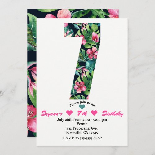 Tropical 7 Seven Seventh Birthday Party Invitation