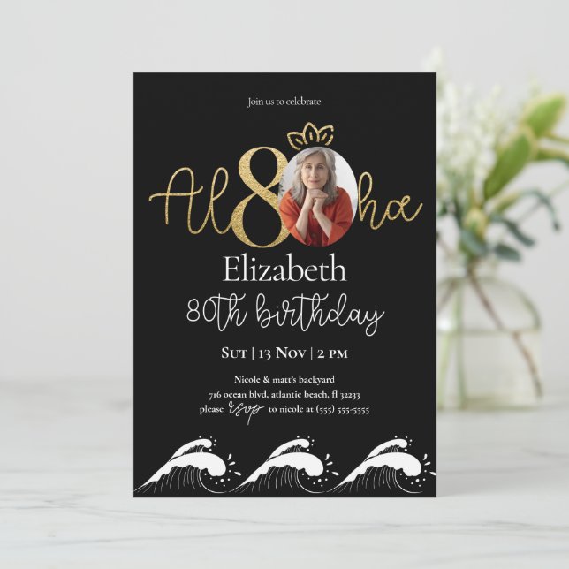 Tropical 80th Black Gold Birthday Invitation Photo (Standing Front)
