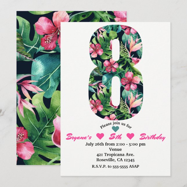 Tropical 8 Eight Eighth Birthday Party Invitation (Front/Back)