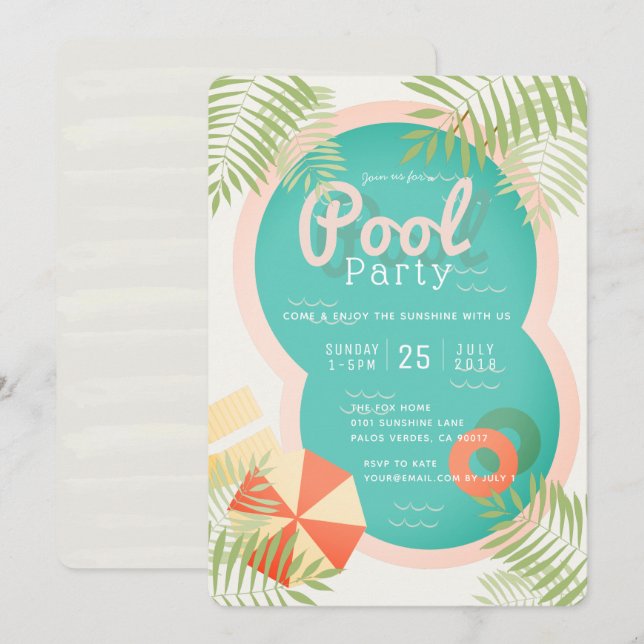 Tropical Adult Beige Pool Party Invitation (Front/Back)